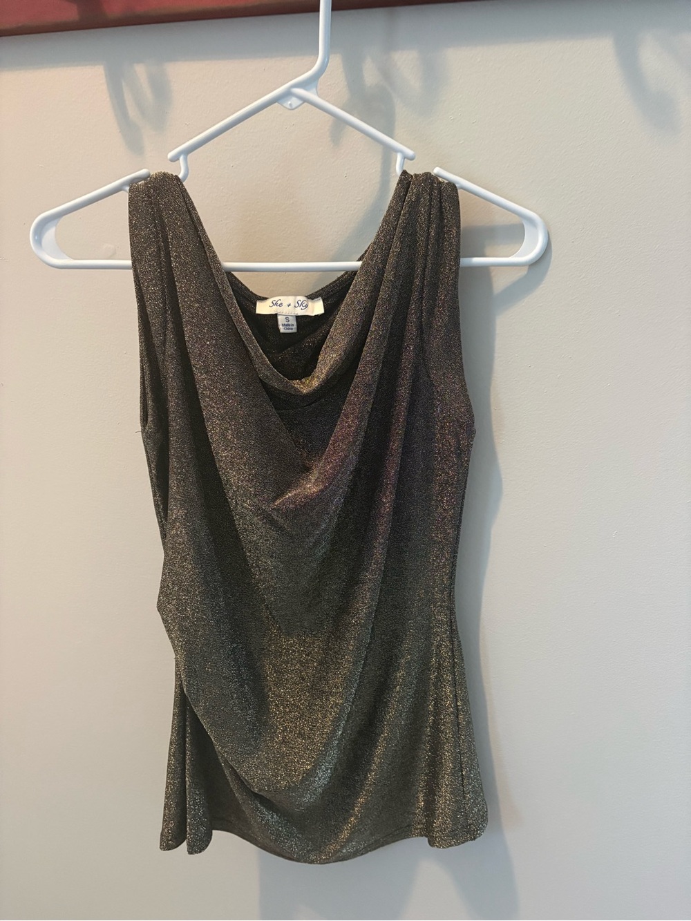 She + Sky Shimmery Metallic Gold Cowl Neck Tank